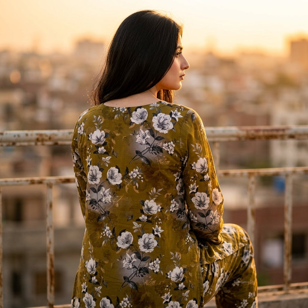 Oriana Olive Bloom Stitched 2PC Suit
