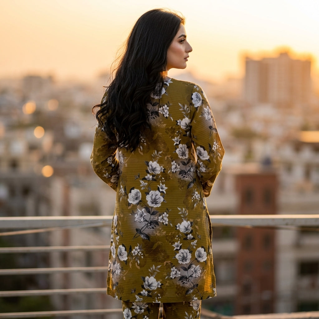 Oriana Olive Bloom Stitched 2PC Suit