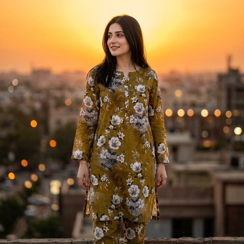 Oriana Olive Bloom Stitched 2PC Suit