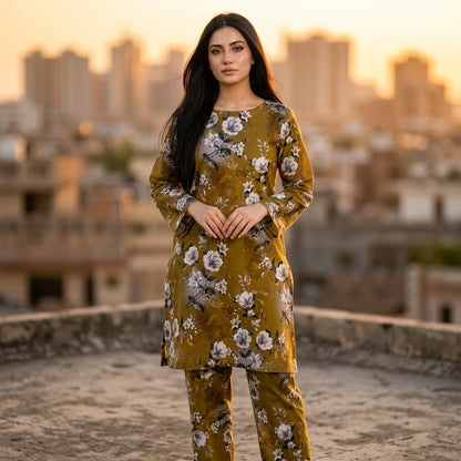 Oriana Olive Bloom Stitched 2PC Suit